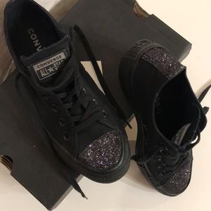 Converse shoes. Black w/ glitter accents. Worn once. In original box.
